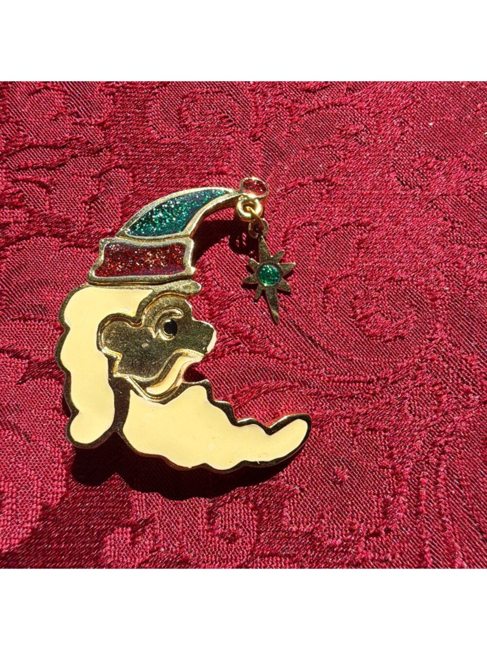 Vintage Newpro Santa Crescent Moon Brooch Pin Enamel Glitter Dangle Star Gold 2"